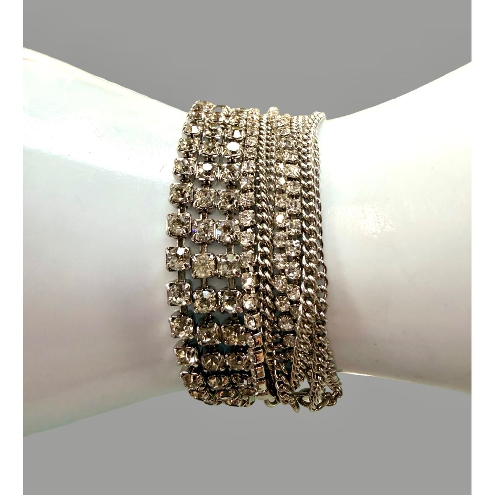 Vintage Rhinestone Multi Strand Bracelet Set Silver Tone‎ Chain Bracelet Lot